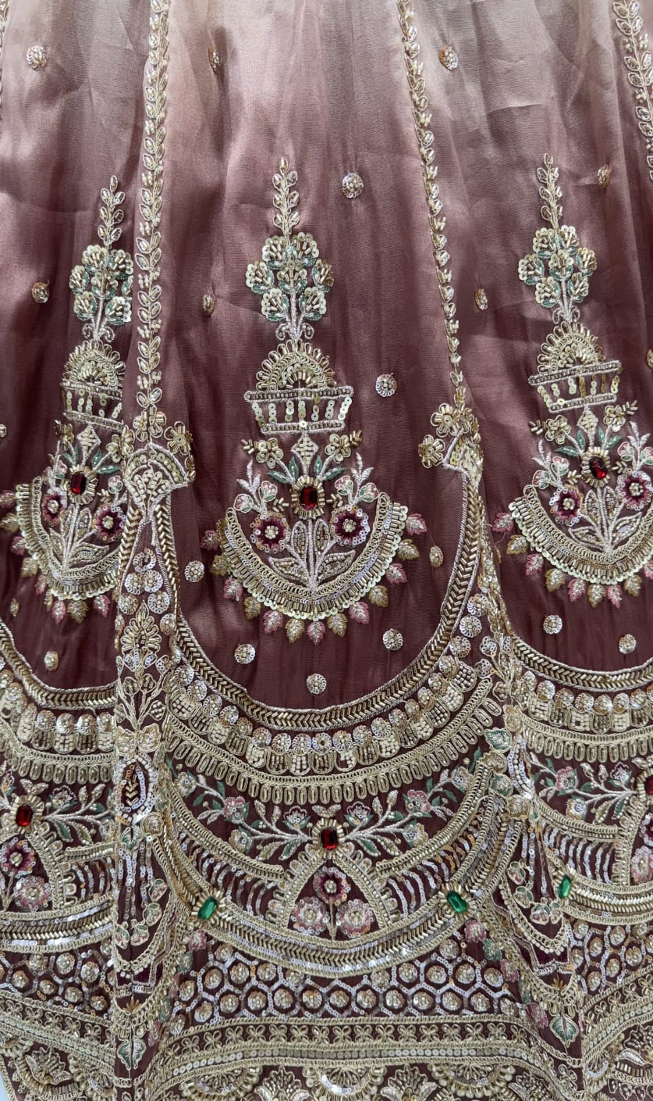 Beige Pink Pure Chandnia Silk Handwork Motif Crystal Beads Multi Thread Dori Sequins Work Bridal Lehenga Choli