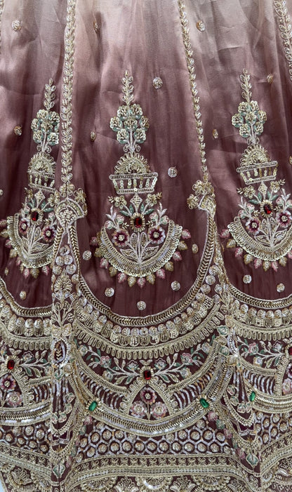 Beige Pink Pure Chandnia Silk Handwork Motif Crystal Beads Multi Thread Dori Sequins Work Bridal Lehenga Choli