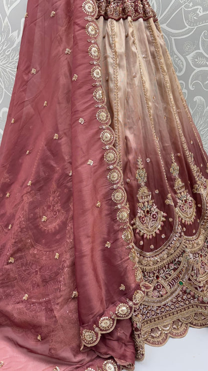 Beige Pink Pure Chandnia Silk Handwork Motif Crystal Beads Multi Thread Dori Sequins Work Bridal Lehenga Choli