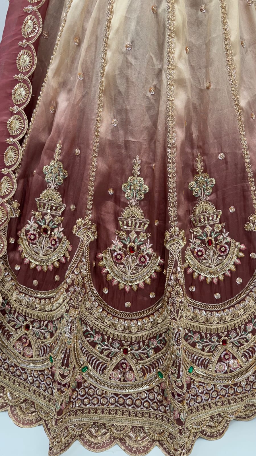 Beige Pink Pure Chandnia Silk Handwork Motif Crystal Beads Multi Thread Dori Sequins Work Bridal Lehenga Choli
