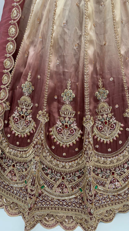 Beige Pink Pure Chandnia Silk Handwork Motif Crystal Beads Multi Thread Dori Sequins Work Bridal Lehenga Choli