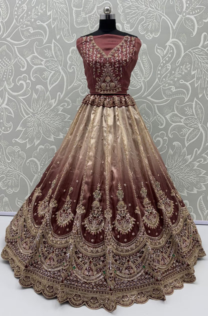 Beige Pink Pure Chandnia Silk Handwork Motif Crystal Beads Multi Thread Dori Sequins Work Bridal Lehenga Choli