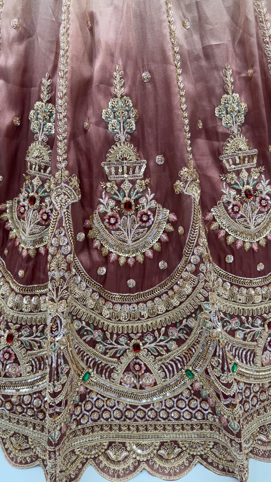 Beige Pink Pure Chandnia Silk Handwork Motif Crystal Beads Multi Thread Dori Sequins Work Bridal Lehenga Choli