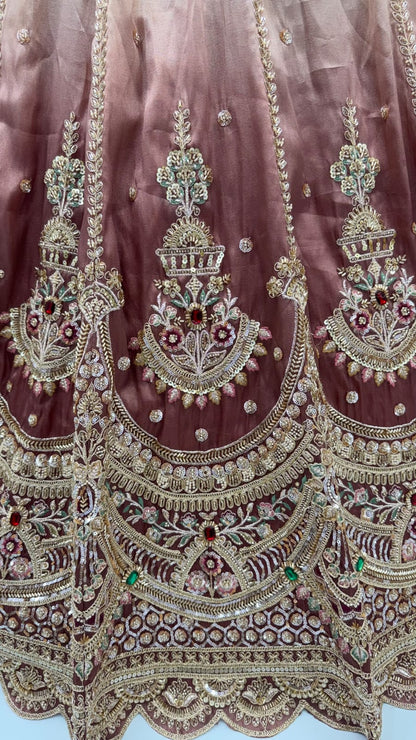 Beige Pink Pure Chandnia Silk Handwork Motif Crystal Beads Multi Thread Dori Sequins Work Bridal Lehenga Choli