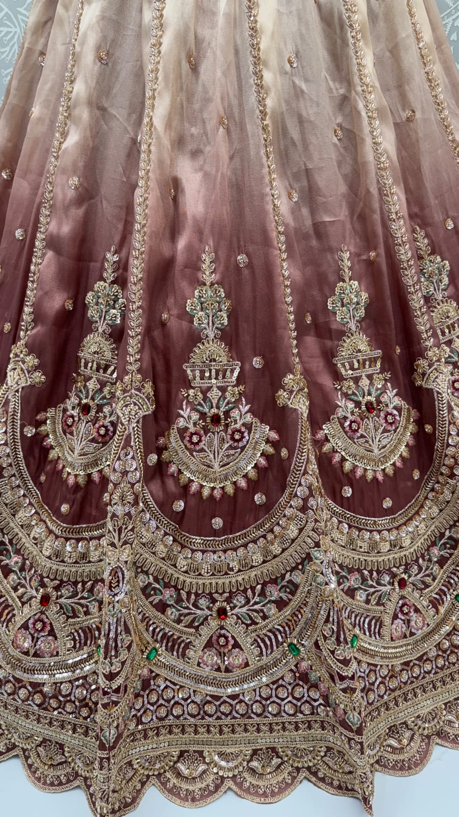 Beige Pink Pure Chandnia Silk Handwork Motif Crystal Beads Multi Thread Dori Sequins Work Bridal Lehenga Choli