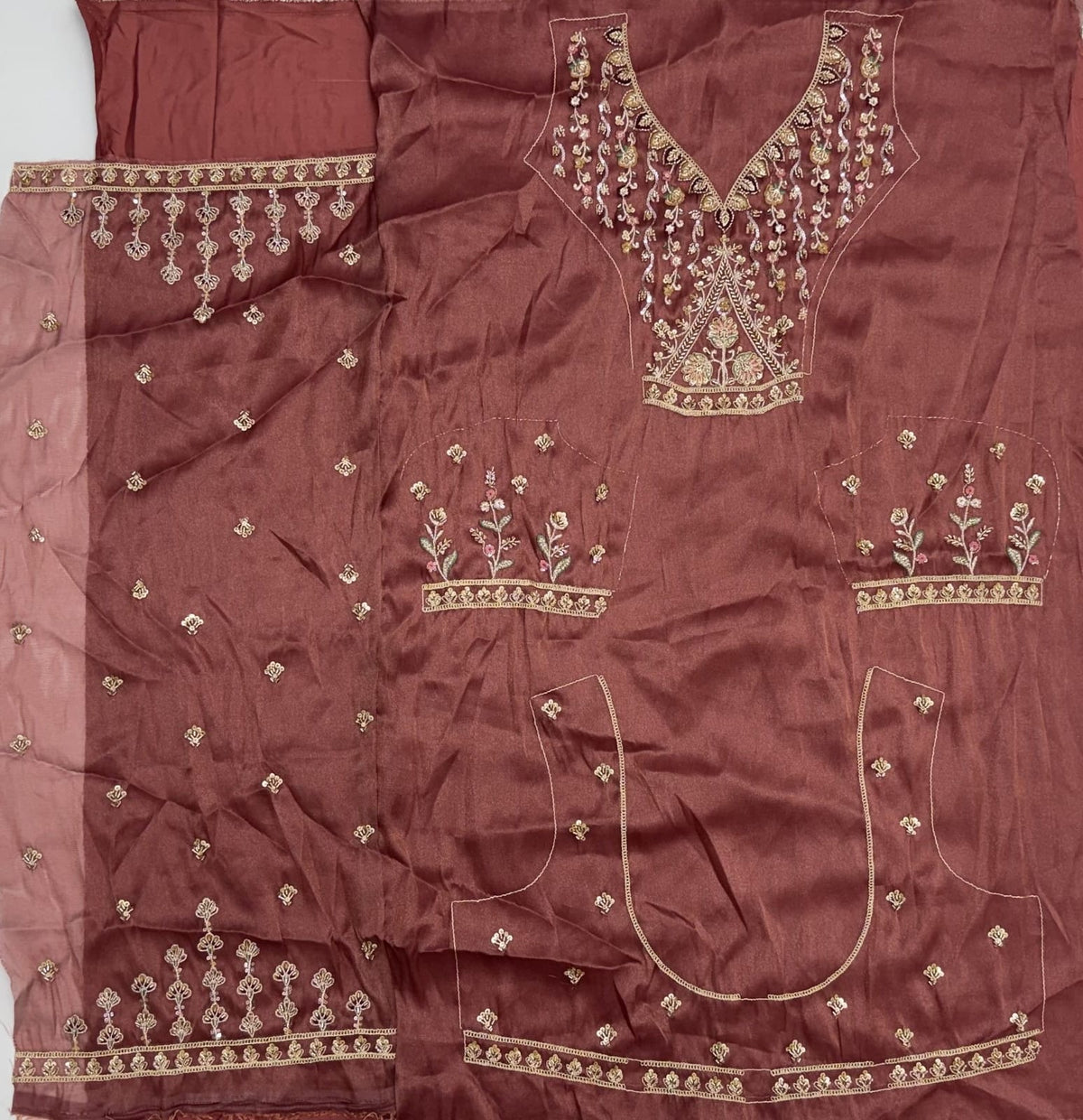 Beige Pink Pure Chandnia Silk Handwork Motif Crystal Beads Multi Thread Dori Sequins Work Bridal Lehenga Choli