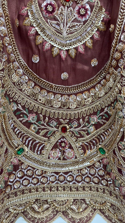 Beige Pink Pure Chandnia Silk Handwork Motif Crystal Beads Multi Thread Dori Sequins Work Bridal Lehenga Choli