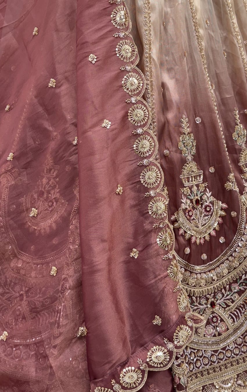 Beige Pink Pure Chandnia Silk Handwork Motif Crystal Beads Multi Thread Dori Sequins Work Bridal Lehenga Choli
