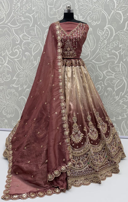 Beige Pink Pure Chandnia Silk Handwork Motif Crystal Beads Multi Thread Dori Sequins Work Bridal Lehenga Choli