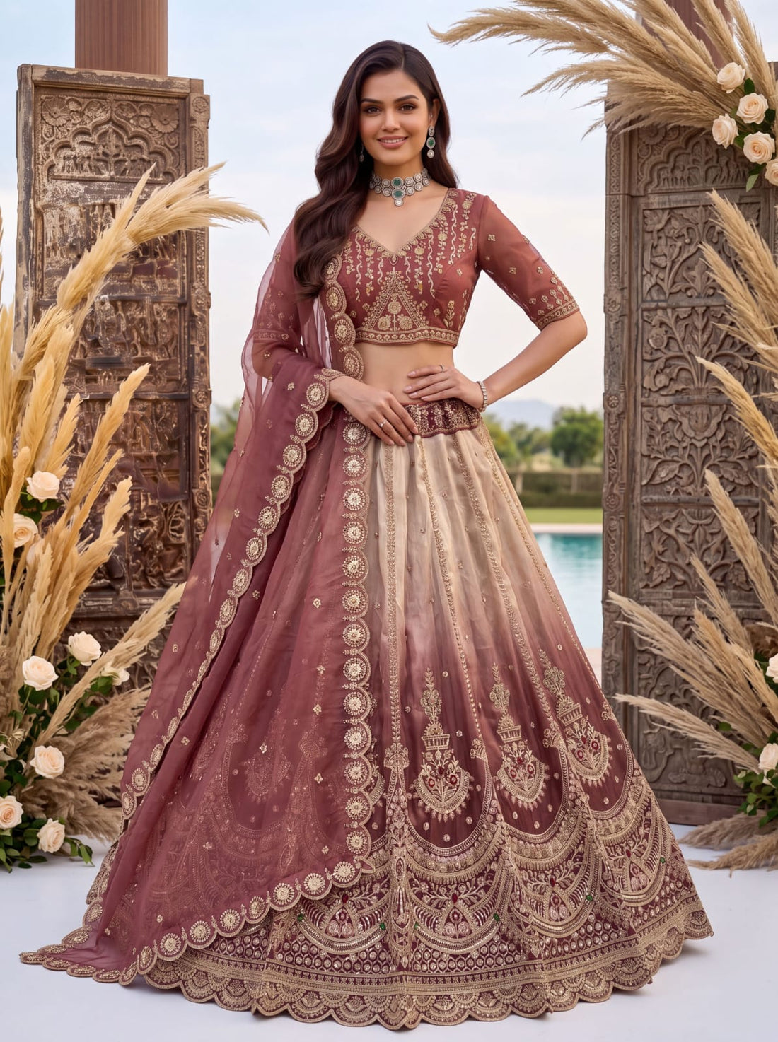 Beige Pink Pure Chandnia Silk Handwork Motif Crystal Beads Multi Thread Dori Sequins Work Bridal Lehenga Choli