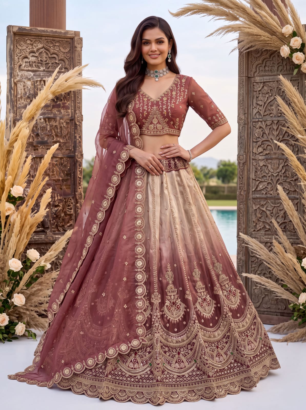 Beige Pink Pure Chandnia Silk Handwork Motif Crystal Beads Multi Thread Dori Sequins Work Bridal Lehenga Choli