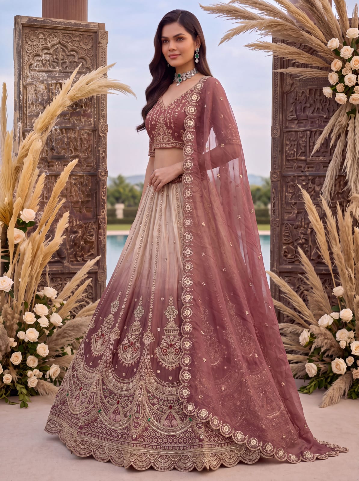 Beige Pink Pure Chandnia Silk Handwork Motif Crystal Beads Multi Thread Dori Sequins Work Bridal Lehenga Choli