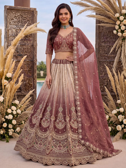 Beige Pink Pure Chandnia Silk Handwork Motif Crystal Beads Multi Thread Dori Sequins Work Bridal Lehenga Choli