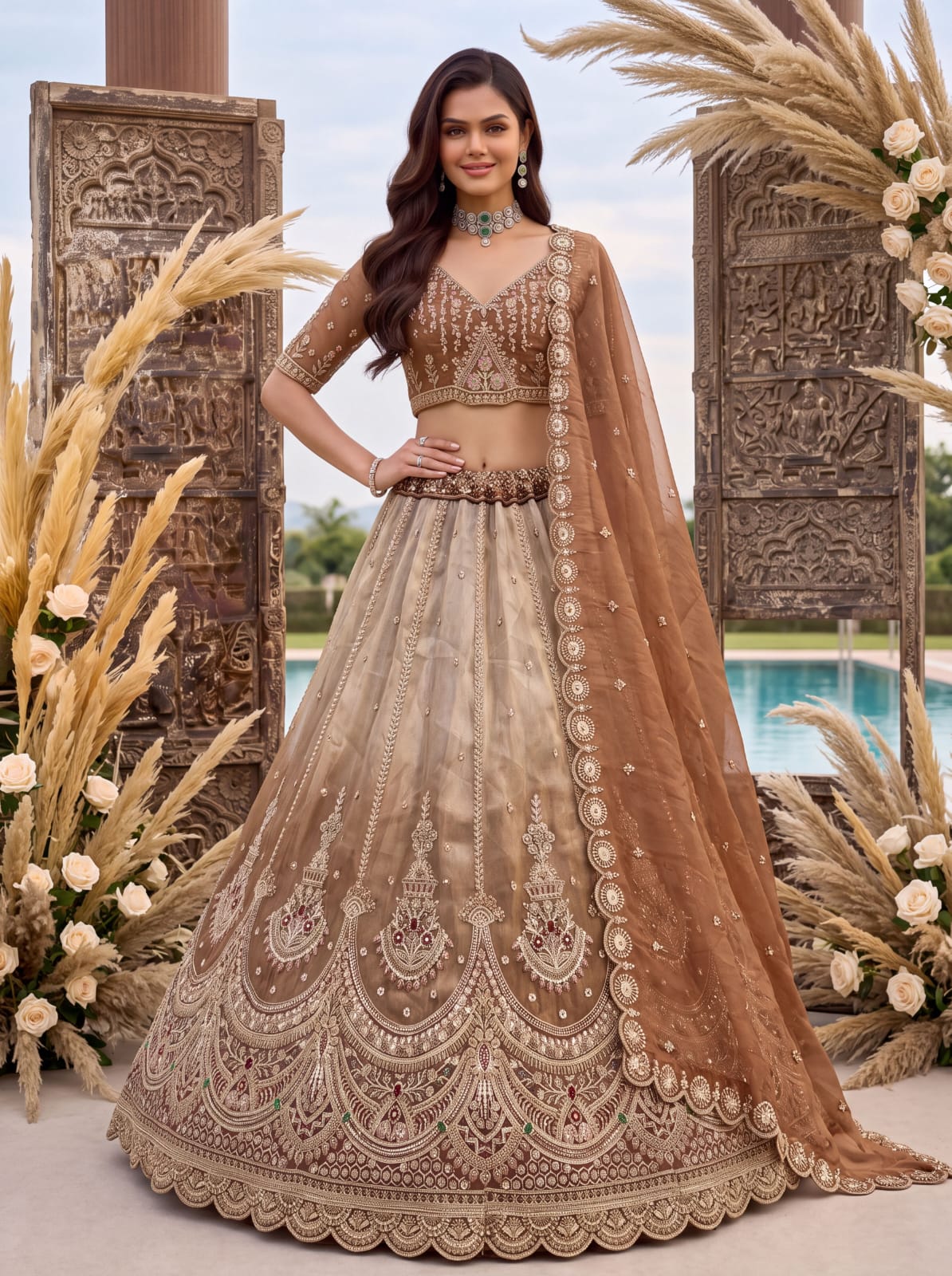 Beige Copper Pure Chandnia Silk Handwork Motif Crystal Beads Multi Thread Dori Sequins Work Bridal Lehenga Choli
