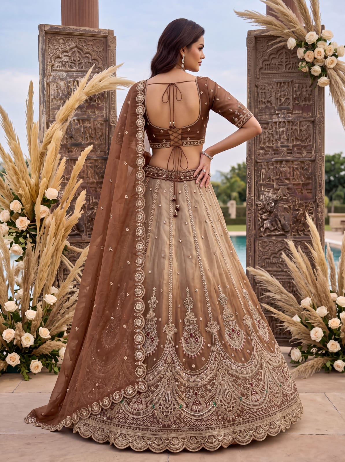 Beige Copper Pure Chandnia Silk Handwork Motif Crystal Beads Multi Thread Dori Sequins Work Bridal Lehenga Choli
