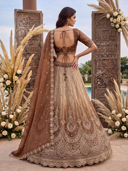Beige Copper Pure Chandnia Silk Handwork Motif Crystal Beads Multi Thread Dori Sequins Work Bridal Lehenga Choli