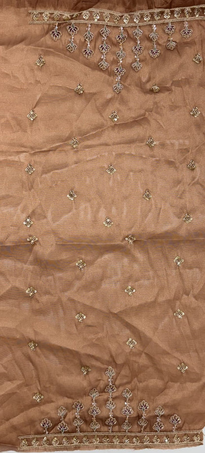 Beige Copper Pure Chandnia Silk Handwork Motif Crystal Beads Multi Thread Dori Sequins Work Bridal Lehenga Choli
