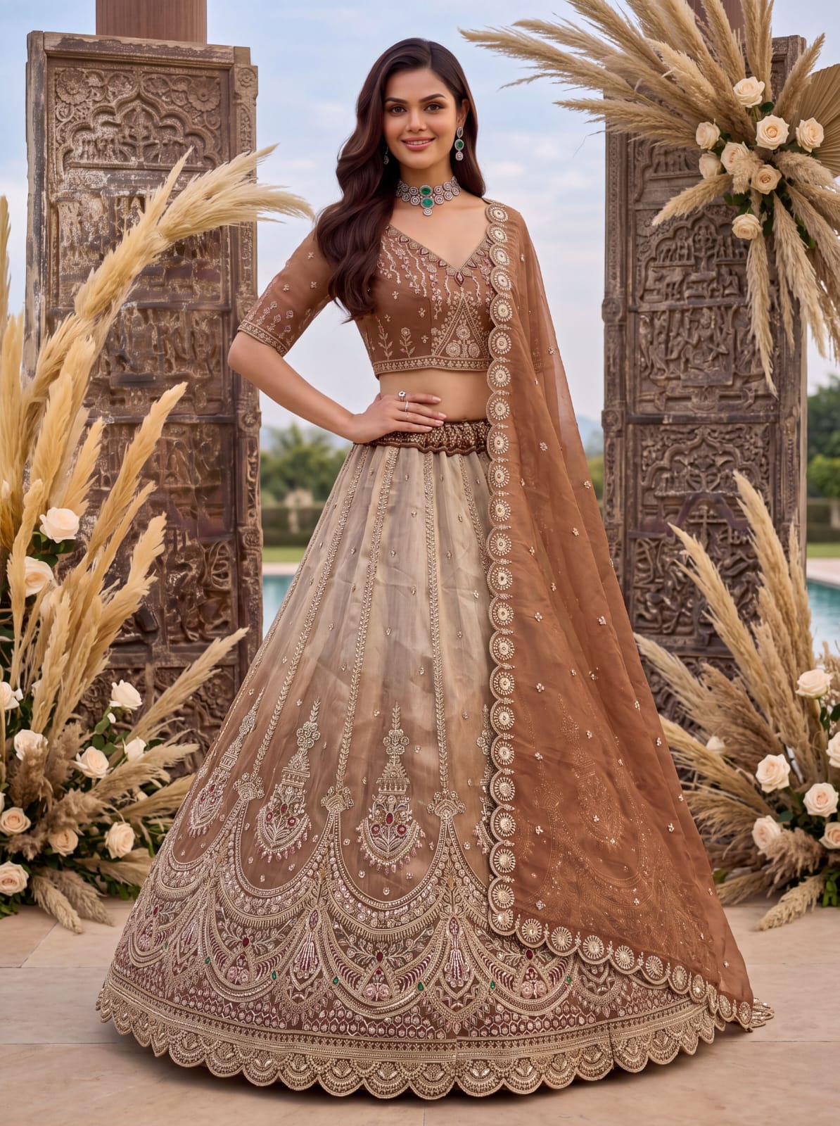 Beige Copper Pure Chandnia Silk Handwork Motif Crystal Beads Multi Thread Dori Sequins Work Bridal Lehenga Choli