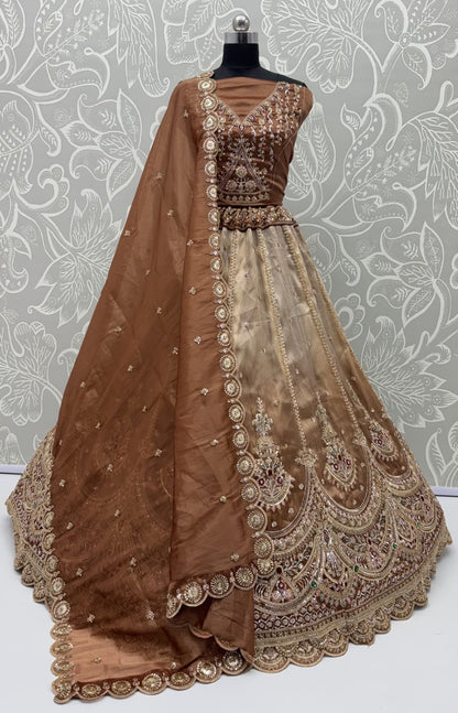 Beige Copper Pure Chandnia Silk Handwork Motif Crystal Beads Multi Thread Dori Sequins Work Bridal Lehenga Choli