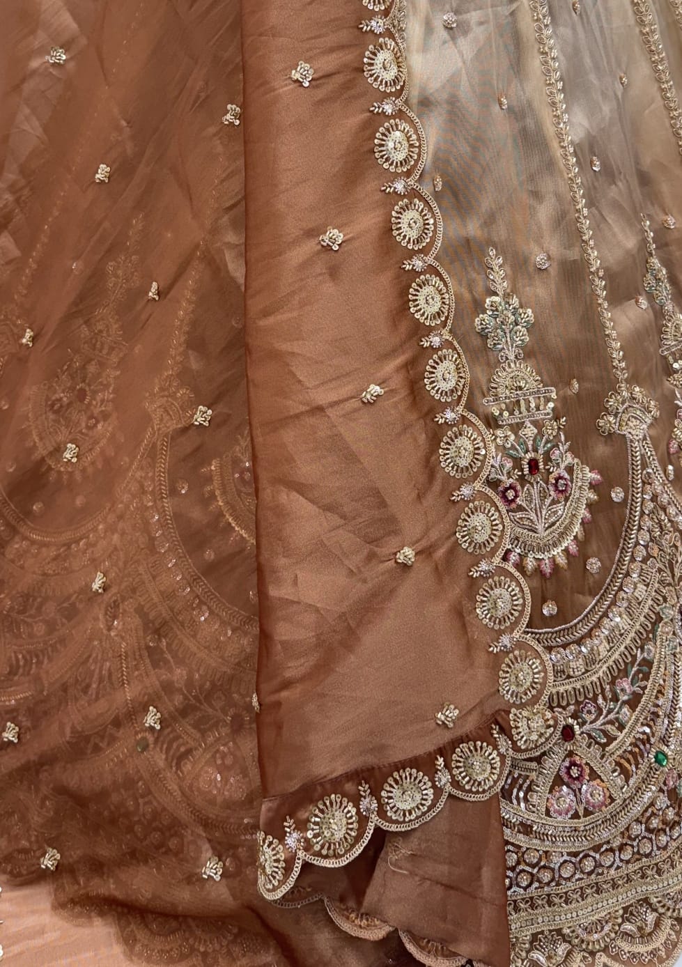 Beige Copper Pure Chandnia Silk Handwork Motif Crystal Beads Multi Thread Dori Sequins Work Bridal Lehenga Choli
