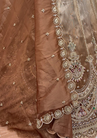 Beige Copper Pure Chandnia Silk Handwork Motif Crystal Beads Multi Thread Dori Sequins Work Bridal Lehenga Choli