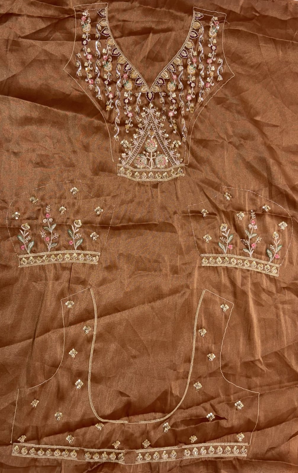 Beige Copper Pure Chandnia Silk Handwork Motif Crystal Beads Multi Thread Dori Sequins Work Bridal Lehenga Choli