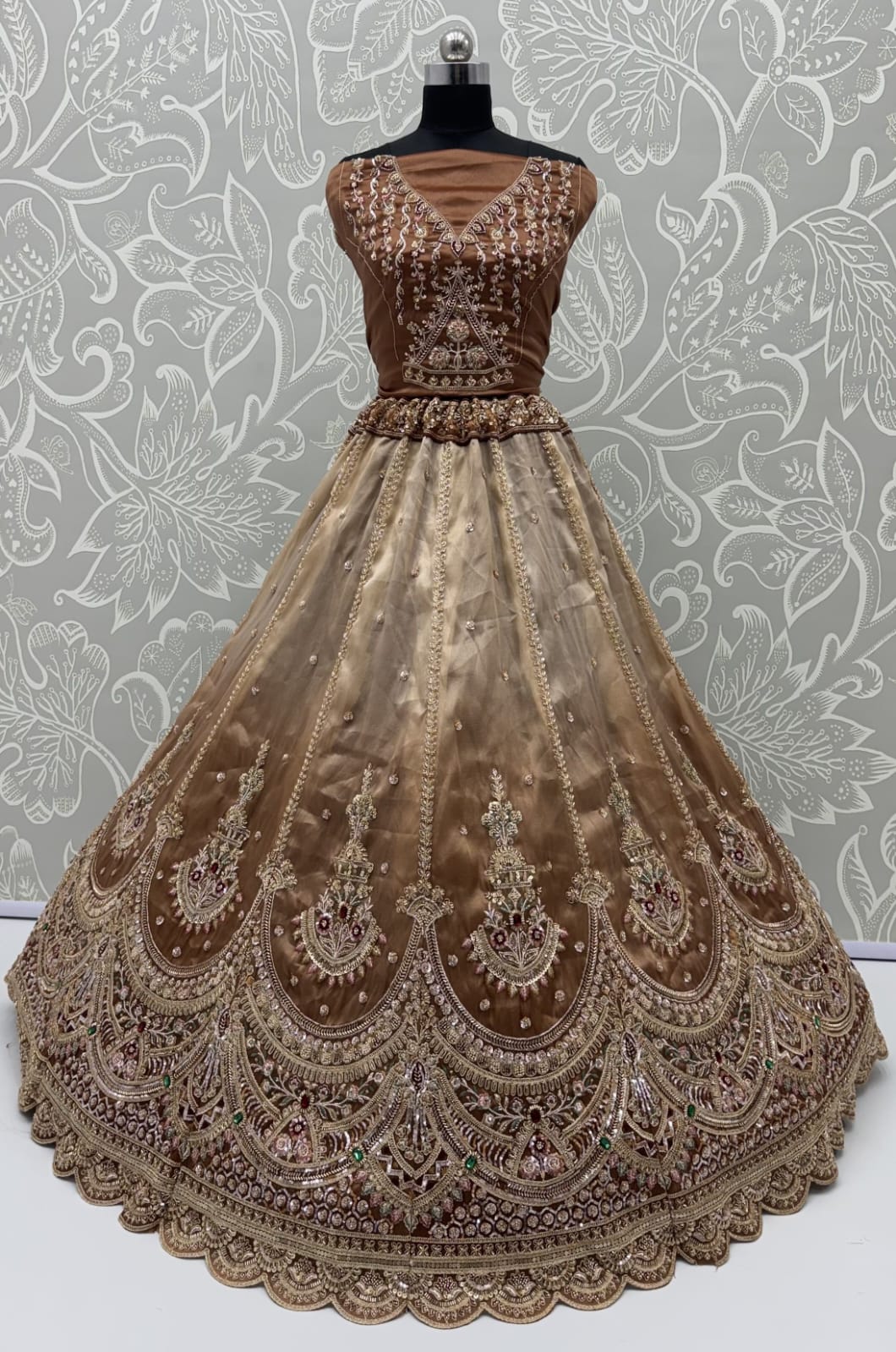 Beige Copper Pure Chandnia Silk Handwork Motif Crystal Beads Multi Thread Dori Sequins Work Bridal Lehenga Choli