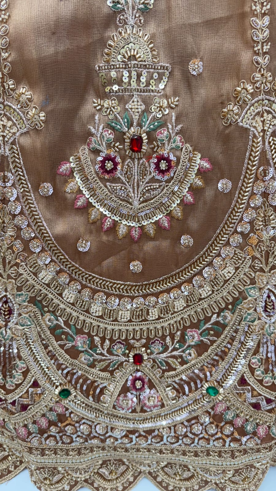 Beige Copper Pure Chandnia Silk Handwork Motif Crystal Beads Multi Thread Dori Sequins Work Bridal Lehenga Choli