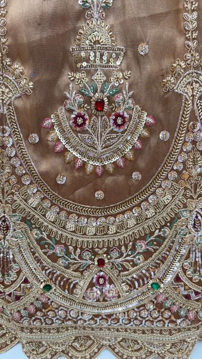 Beige Copper Pure Chandnia Silk Handwork Motif Crystal Beads Multi Thread Dori Sequins Work Bridal Lehenga Choli