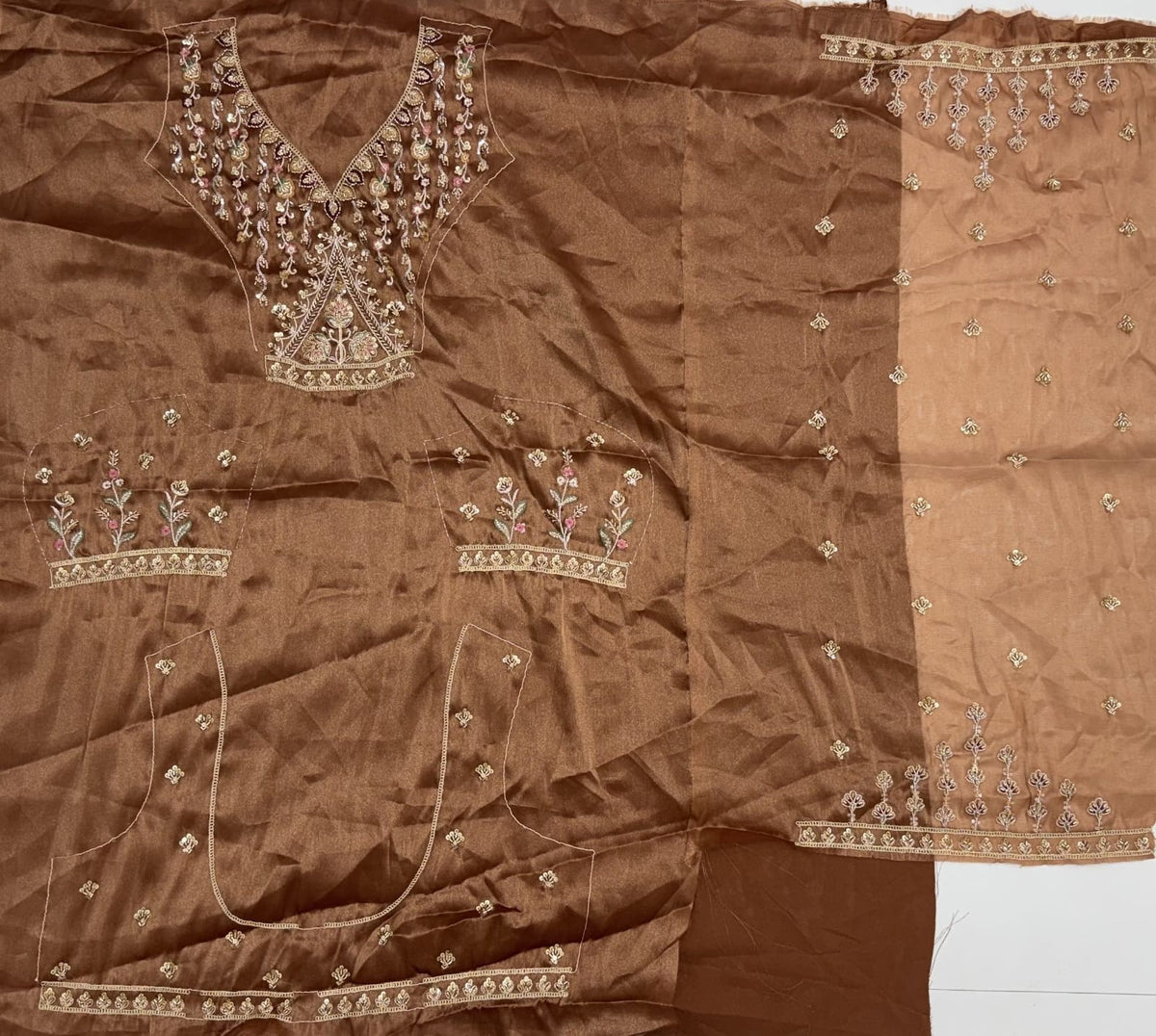Beige Copper Pure Chandnia Silk Handwork Motif Crystal Beads Multi Thread Dori Sequins Work Bridal Lehenga Choli