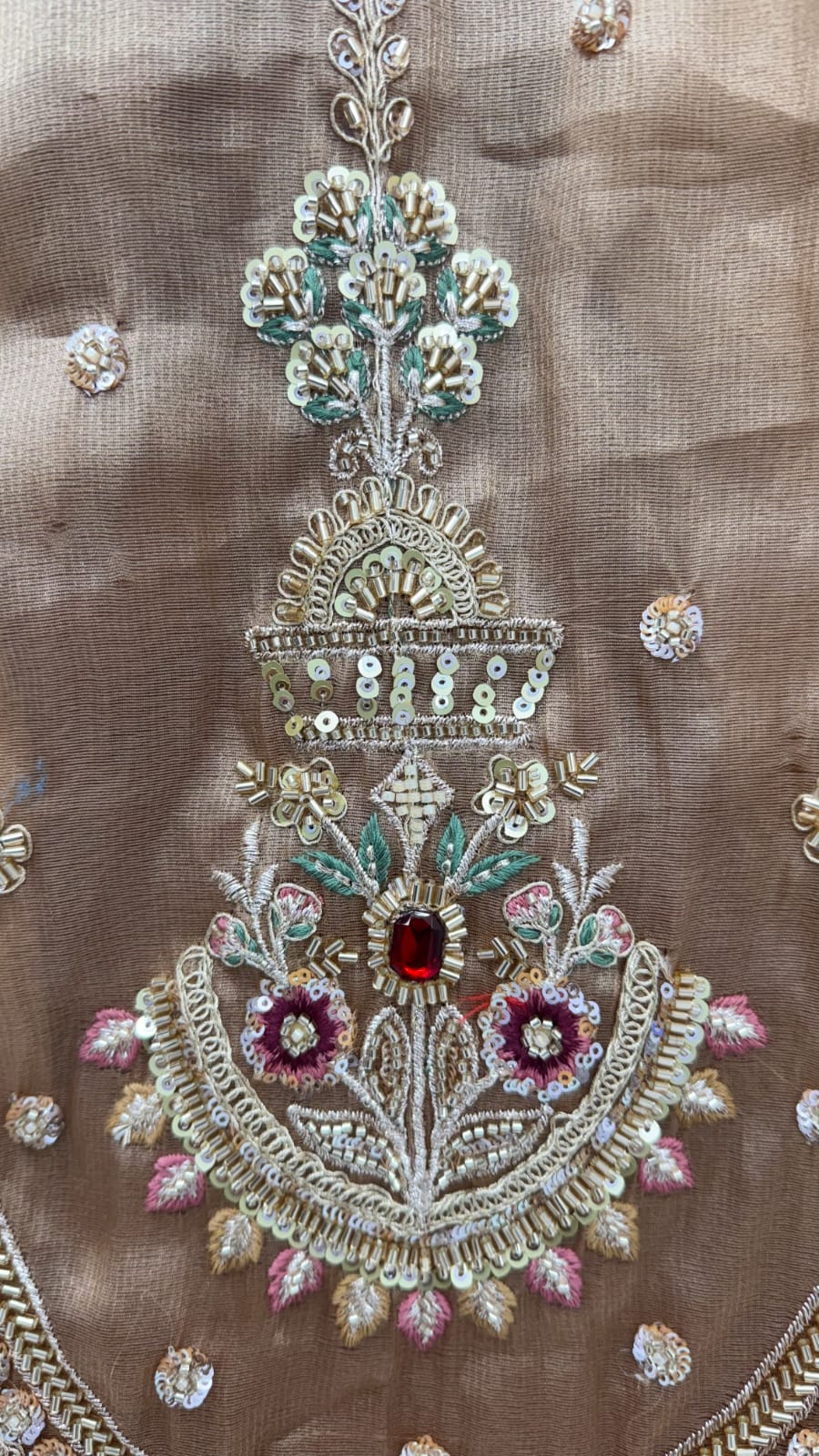 Beige Copper Pure Chandnia Silk Handwork Motif Crystal Beads Multi Thread Dori Sequins Work Bridal Lehenga Choli