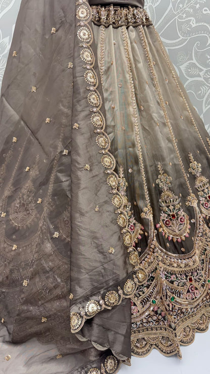 Grey Pure Chandnia Silk Handwork Motif Crystal Beads Multi Thread Dori Sequins Work Bridal Lehenga Choli