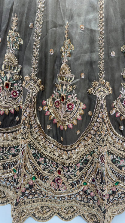Grey Pure Chandnia Silk Handwork Motif Crystal Beads Multi Thread Dori Sequins Work Bridal Lehenga Choli
