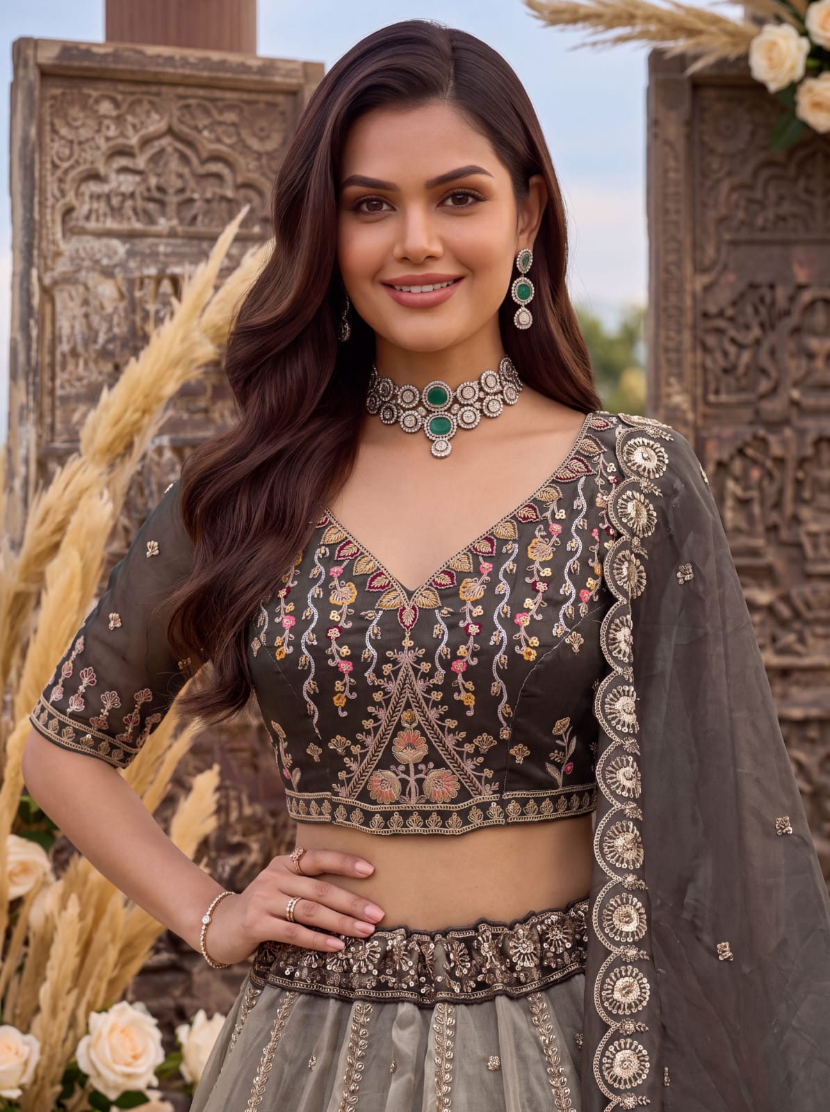 Grey Pure Chandnia Silk Handwork Motif Crystal Beads Multi Thread Dori Sequins Work Bridal Lehenga Choli