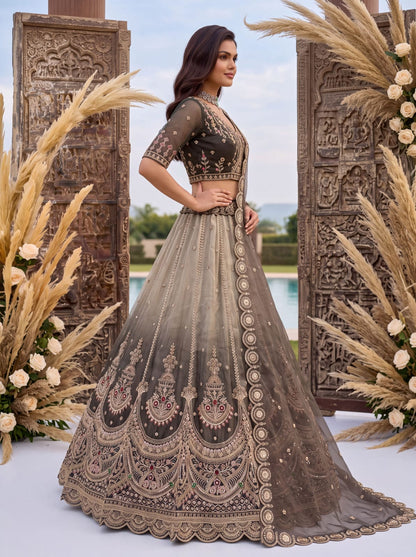 Grey Pure Chandnia Silk Handwork Motif Crystal Beads Multi Thread Dori Sequins Work Bridal Lehenga Choli