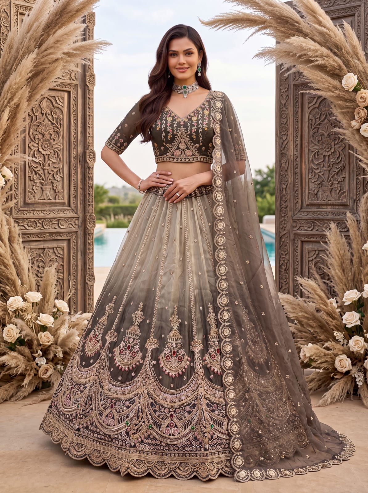 Grey Pure Chandnia Silk Handwork Motif Crystal Beads Multi Thread Dori Sequins Work Bridal Lehenga Choli