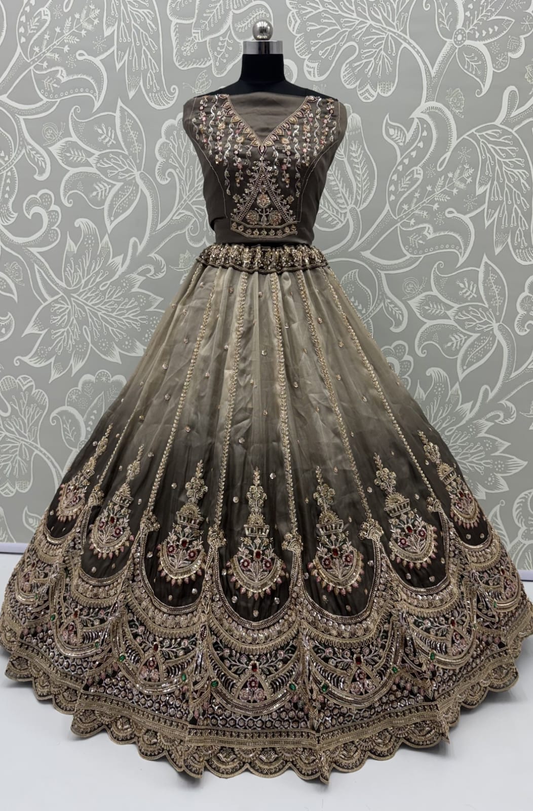 Grey Pure Chandnia Silk Handwork Motif Crystal Beads Multi Thread Dori Sequins Work Bridal Lehenga Choli