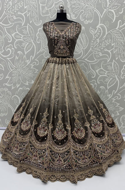 Grey Pure Chandnia Silk Handwork Motif Crystal Beads Multi Thread Dori Sequins Work Bridal Lehenga Choli