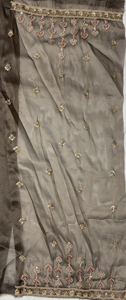 Grey Pure Chandnia Silk Handwork Motif Crystal Beads Multi Thread Dori Sequins Work Bridal Lehenga Choli