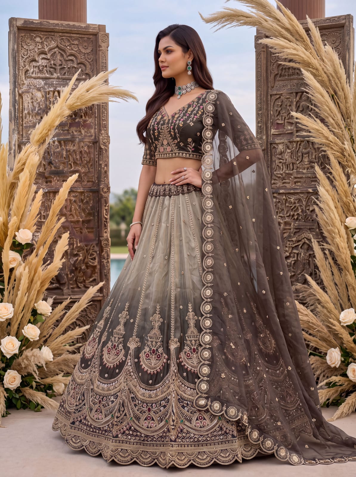 Grey Pure Chandnia Silk Handwork Motif Crystal Beads Multi Thread Dori Sequins Work Bridal Lehenga Choli