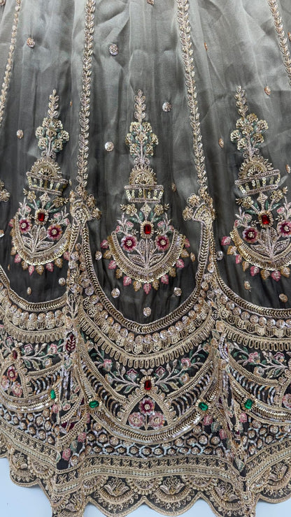 Grey Pure Chandnia Silk Handwork Motif Crystal Beads Multi Thread Dori Sequins Work Bridal Lehenga Choli