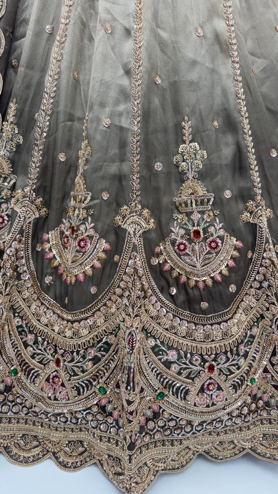 Grey Pure Chandnia Silk Handwork Motif Crystal Beads Multi Thread Dori Sequins Work Bridal Lehenga Choli