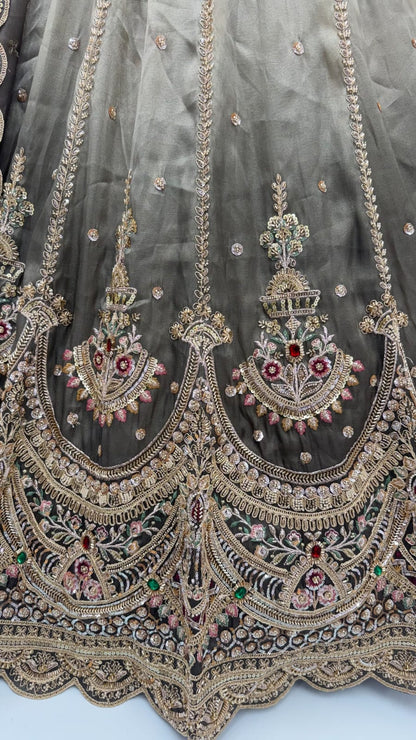 Grey Pure Chandnia Silk Handwork Motif Crystal Beads Multi Thread Dori Sequins Work Bridal Lehenga Choli