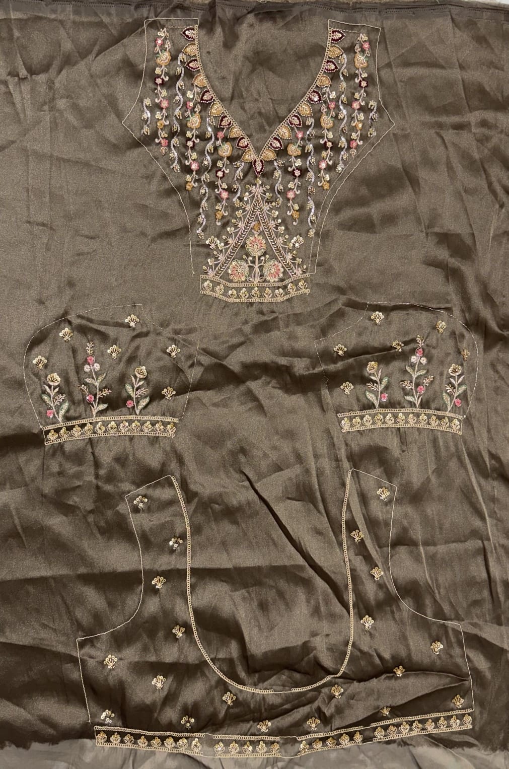 Grey Pure Chandnia Silk Handwork Motif Crystal Beads Multi Thread Dori Sequins Work Bridal Lehenga Choli