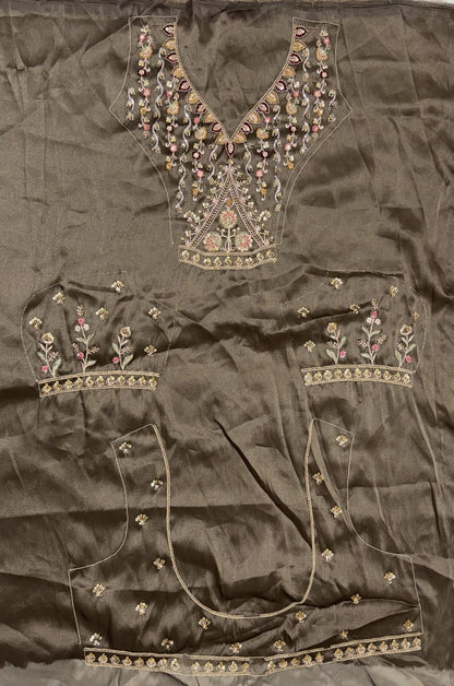 Grey Pure Chandnia Silk Handwork Motif Crystal Beads Multi Thread Dori Sequins Work Bridal Lehenga Choli