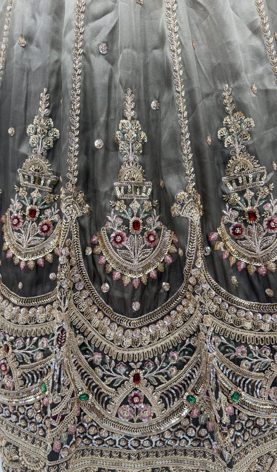Grey Pure Chandnia Silk Handwork Motif Crystal Beads Multi Thread Dori Sequins Work Bridal Lehenga Choli