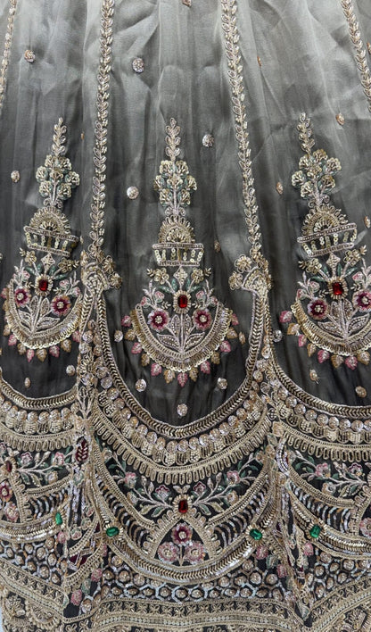 Grey Pure Chandnia Silk Handwork Motif Crystal Beads Multi Thread Dori Sequins Work Bridal Lehenga Choli