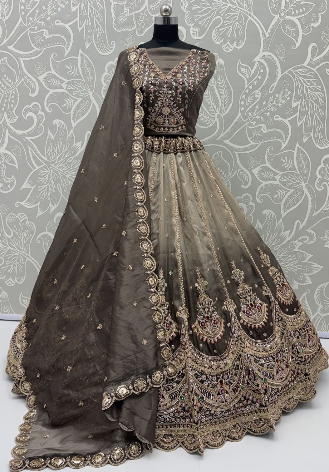 Grey Pure Chandnia Silk Handwork Motif Crystal Beads Multi Thread Dori Sequins Work Bridal Lehenga Choli