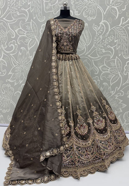 Grey Pure Chandnia Silk Handwork Motif Crystal Beads Multi Thread Dori Sequins Work Bridal Lehenga Choli