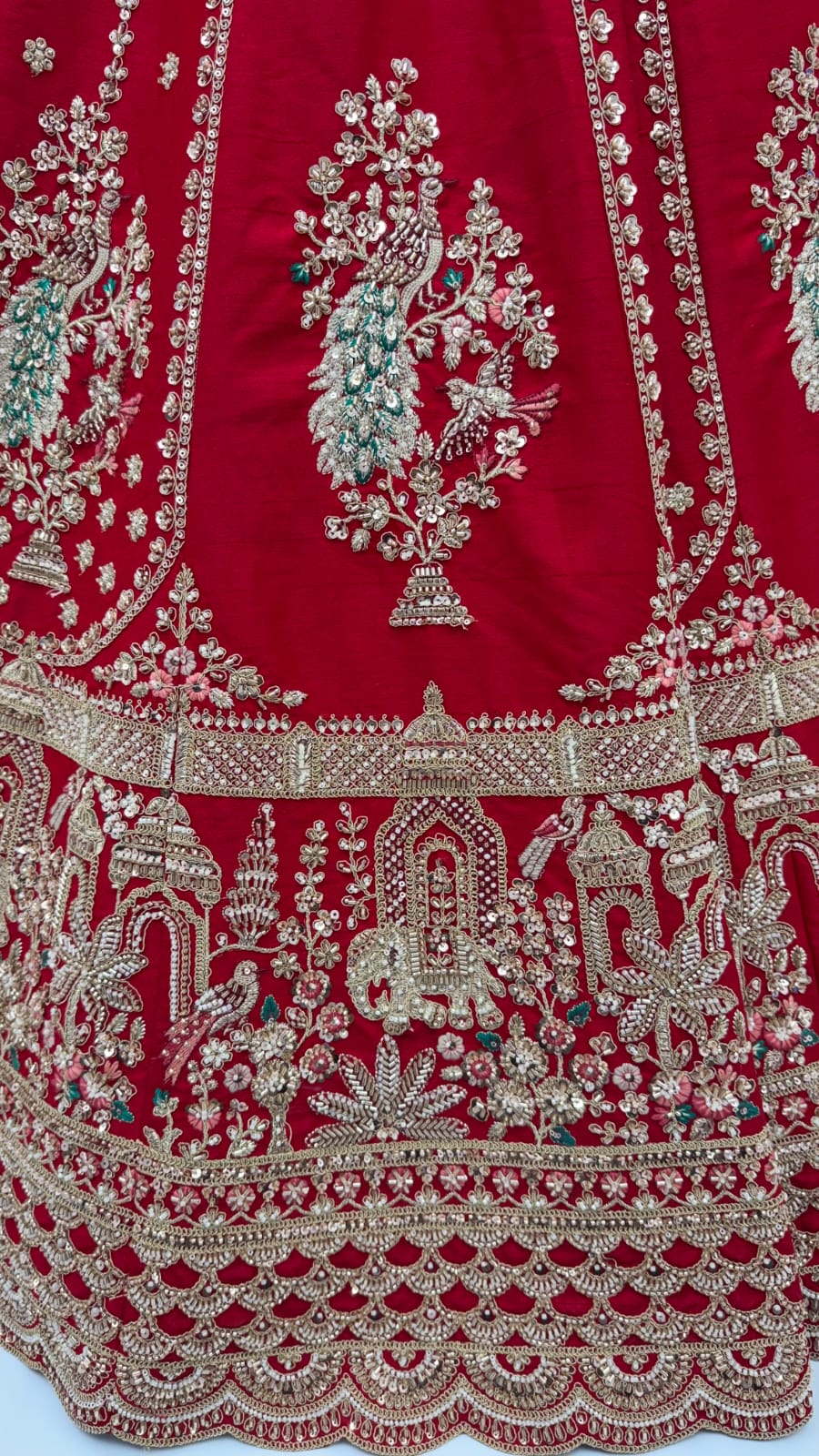 Red Pure Gadhwal Silk Peacock Pattern Handwork Motif Sequins Work Bridal Lehenga Choli